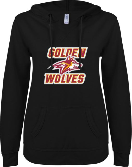 Alvernia ENZA Ladies V Notch Raw Edge Fleece Hoodie Golden Wolves with Wolf Head - ONLINE ONLY